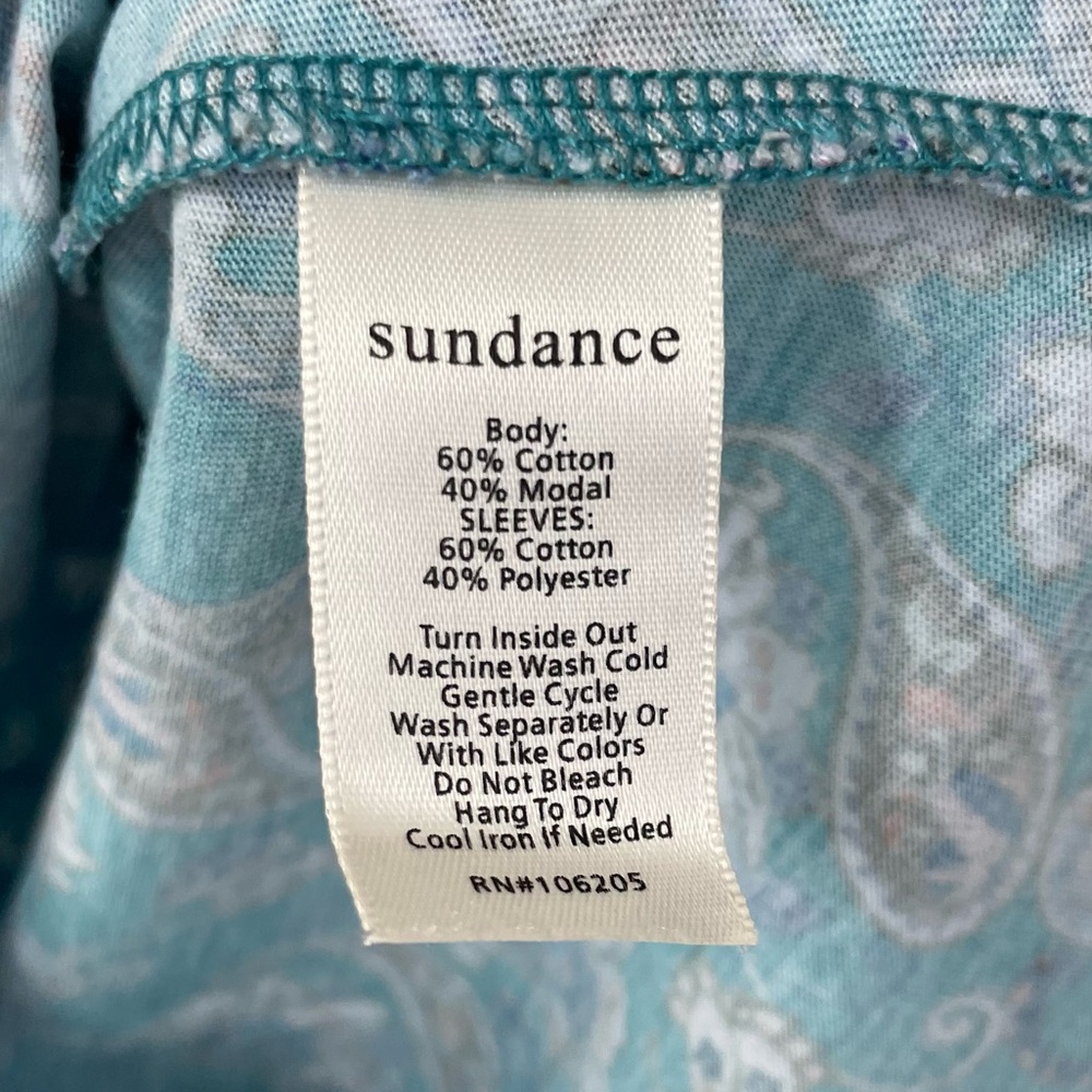Sundance Paisley Print Sharrar Top Blue Grey L Large Floral Mixed Stitch Sleeve - Picture 9 of 9